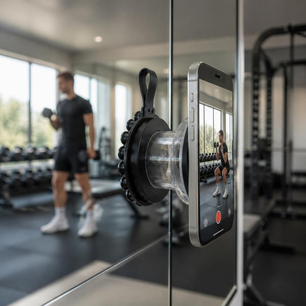 Smartphone fixé sur le miroir d'une salle de sport pendant une séance de musculation