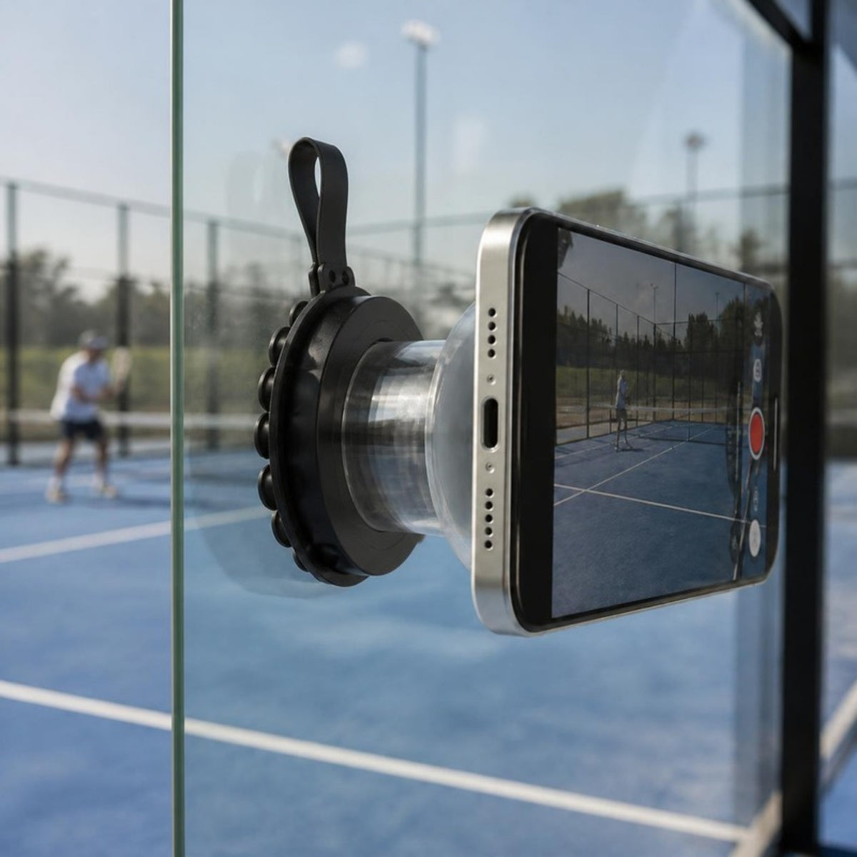 Smartphone fixé sur la vitre d'un terrain de padel avec un support magnétique à ventouses