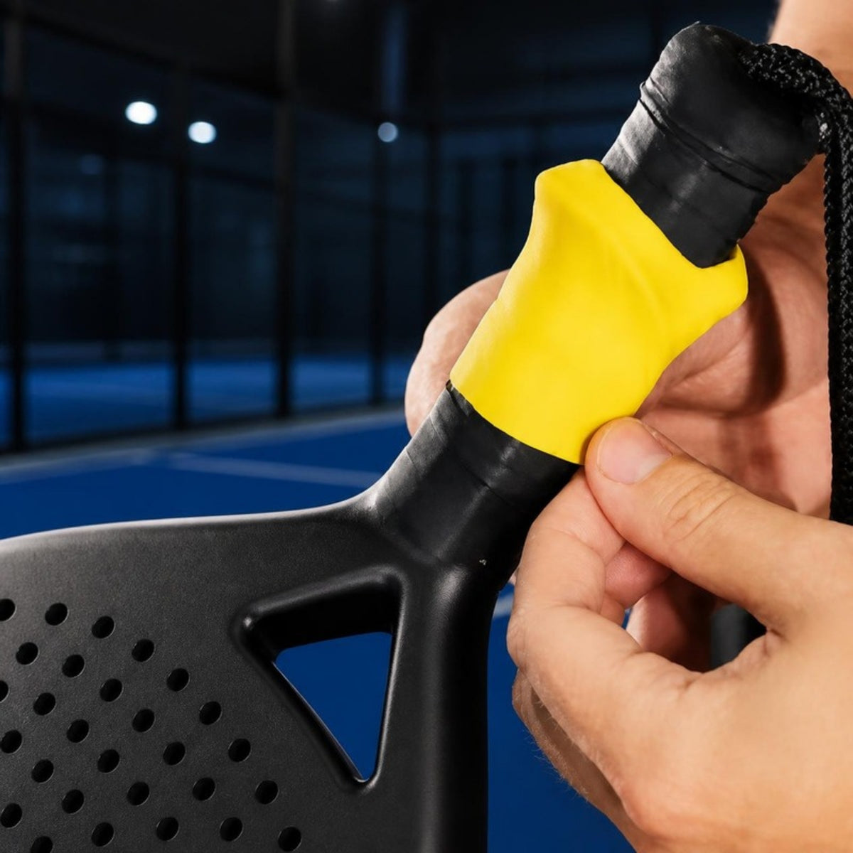 Installation de l'Ergo Grip jaune : on le fait glisser le long du manche d'une raquette de padel (photo fournisseur, décor modifié par IA)