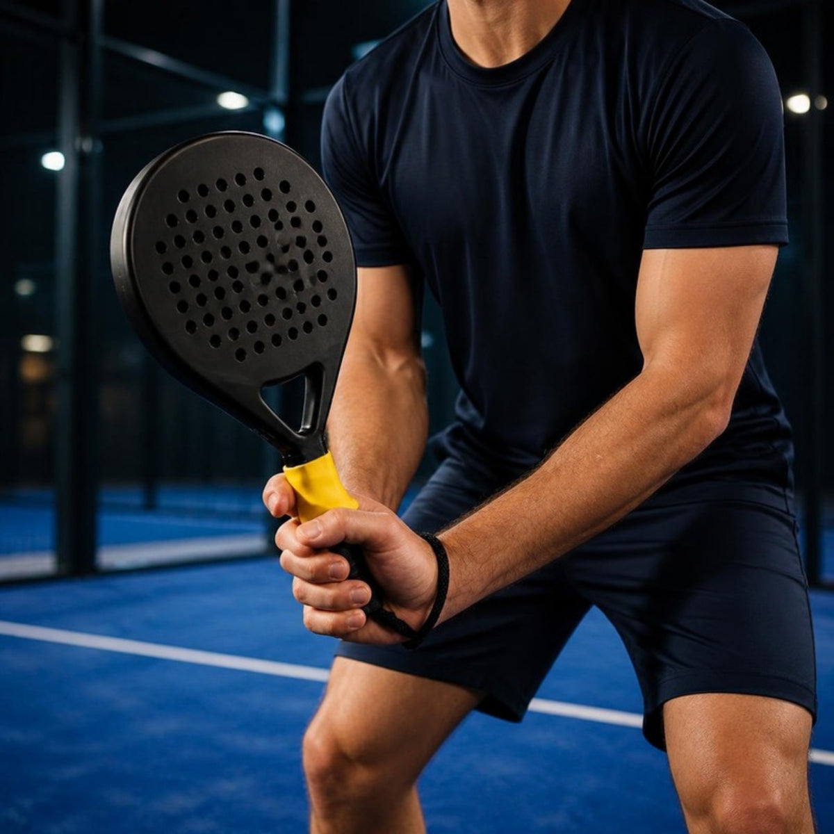 Joueur en position d'attente sur un terrain de padel, raquette équipée de l'Ergo Grip jaune (mise en scène générée par IA)