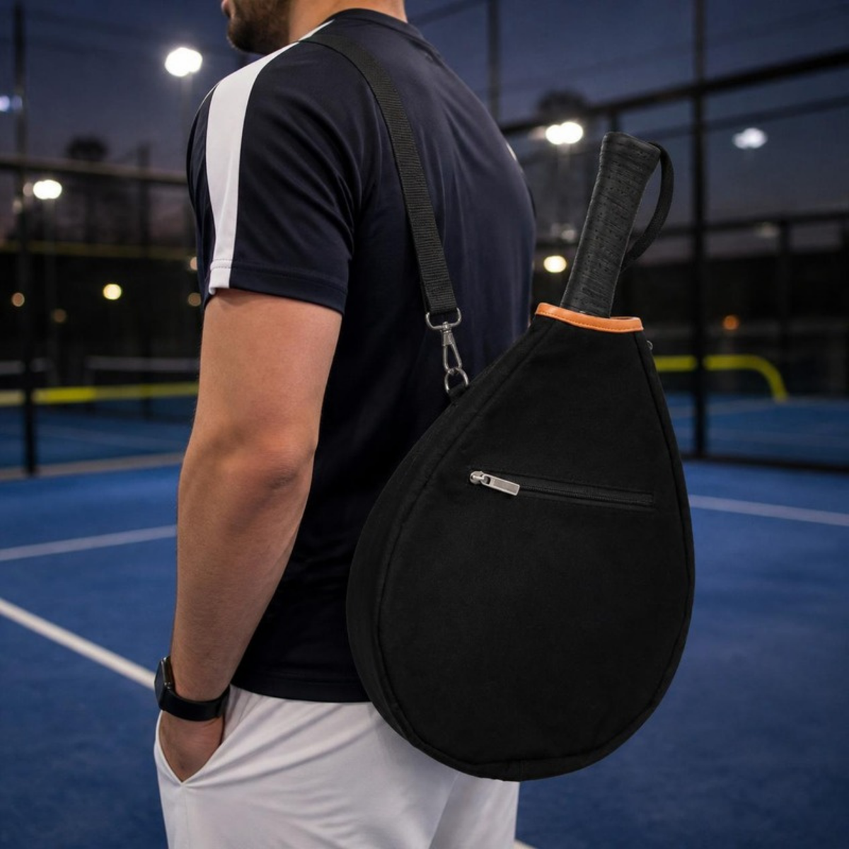 Housse de tête noire portée à l'épaule sur un terrain de padel (mise en scène générée par IA)
