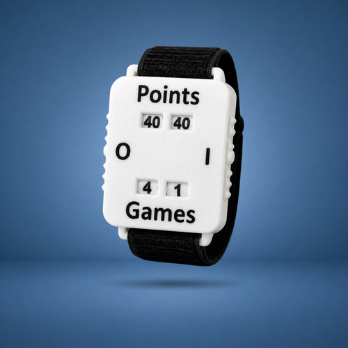 Compteur de score mécanique blanc « Points / Games » avec bracelet noir, visuel studio sur fond bleu terrain (généré par IA)